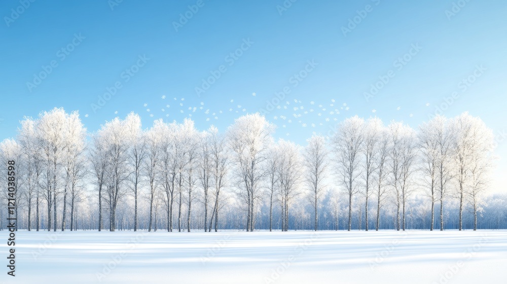 Frosty Winter Treescape Snow-covered trees line a field under a bright blue sky, with birds flying overhead, ideal for winter holiday or nature-themed designs Frosty Winter Treescape Snow-covered trees line a field under a bright blue sky, with birds flying overhead, ideal for winter holiday or nature-themed designs