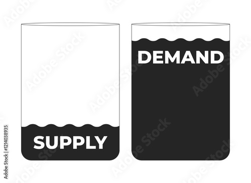 Supply and demand water tanks black and white 2D line object. Resource balance. Different water levels. Sustainable management isolated clip art vector outline item. Monochromatic spot illustration