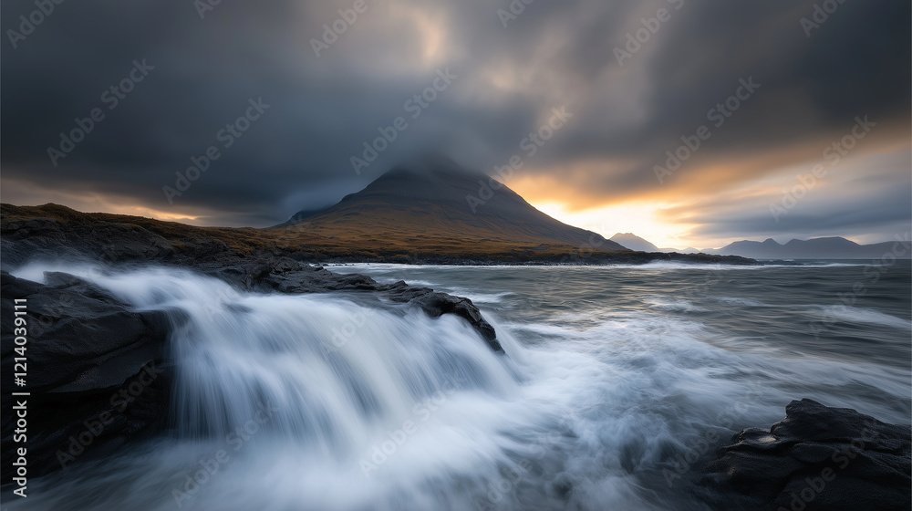 Fototapeta premium massive glacier in ocean, shows an impressive view of sea as water flows down waterfall under dramatic clouds, with mountain view on background