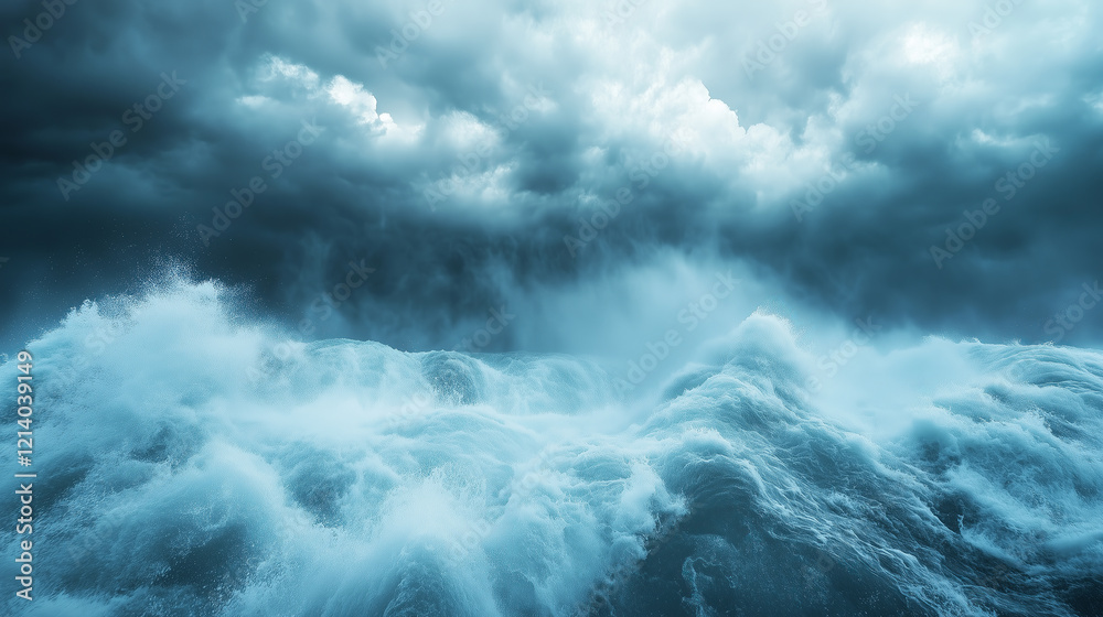 Fototapeta premium Ocean waves and dark clouds suggest storm is brewing, with massive iceberg visible beneath surface