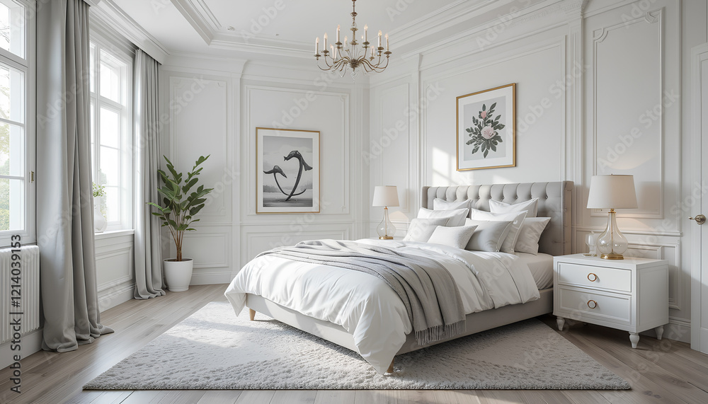 Fototapeta premium interior of a bedroom. Cozy modern bedroom interior in white and gray with copy space