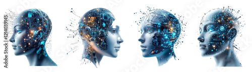 Four artistic human heads with intricate circuit patterns and glowing blue lights, futuristic digital concept on transparent background