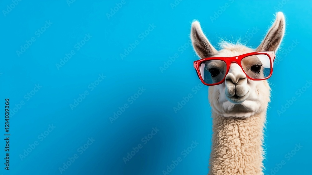 Fototapeta premium Llama wearing red glasses against a blue background, minimalist style,creative photo,copy space