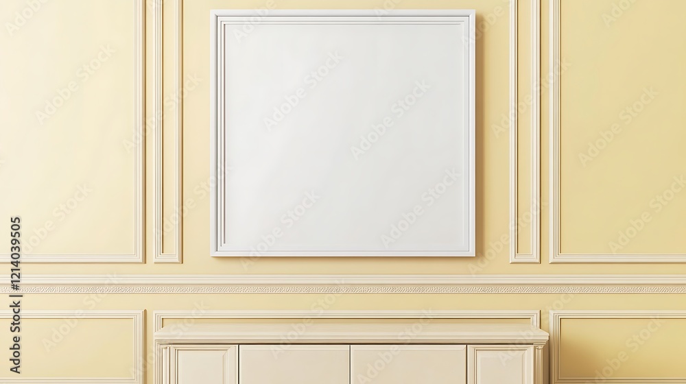 A balanced and harmonious design showcasing a blank white frame on a pastel beige, yellow, wall, with a stylish credenza below. A balanced and harmonious design showcasing a blank white frame on a pastel beige, yellow, wall, with a stylish credenza below.