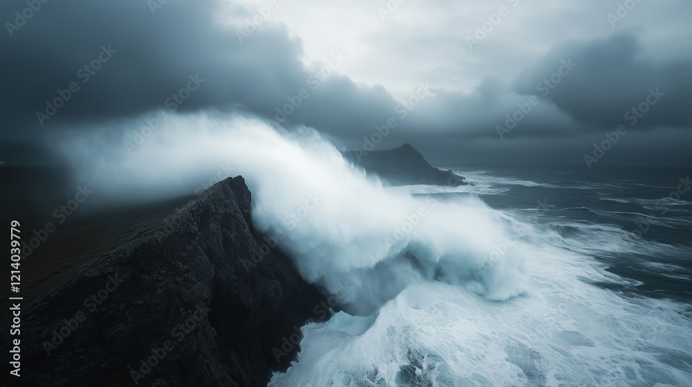 Obraz premium Massive ocean waves crash against rugged cliffs under stormy sky, creating powerful scene with dramatic energy