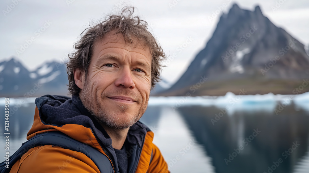 Man stands near ocean, mountainous landscape in backdrop looking pleased with experience Man stands near ocean, mountainous landscape in backdrop looking pleased with experience