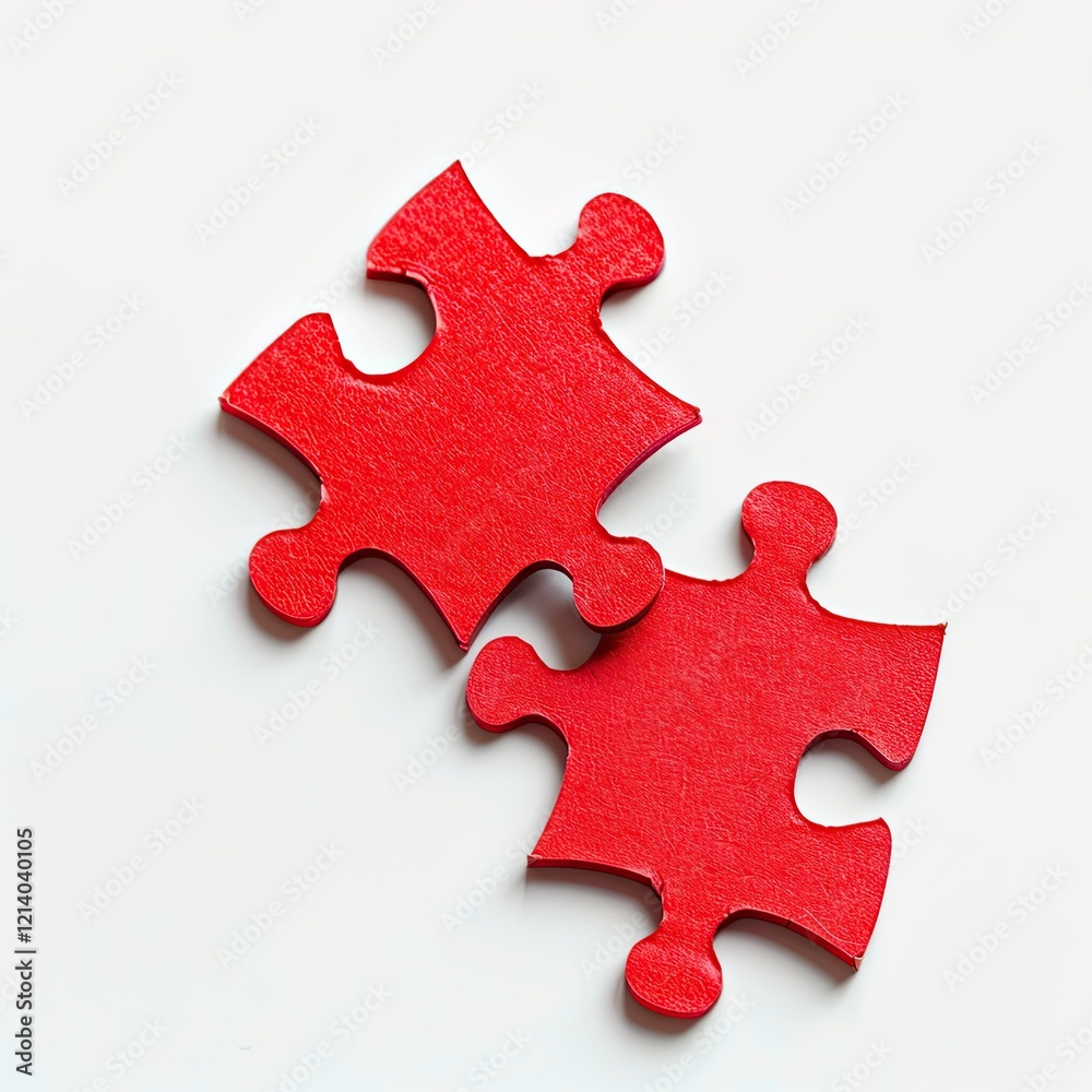 Two interlocking red puzzle pieces on a white background. Two interlocking red puzzle pieces on a white background.