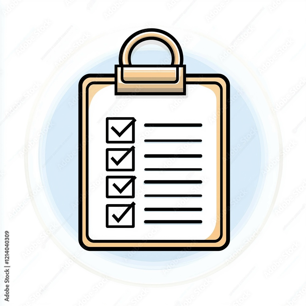 Icon of clipboard with check markings, simple line art style, white background,social media. Icon of clipboard with check markings, simple line art style, white background,social media.