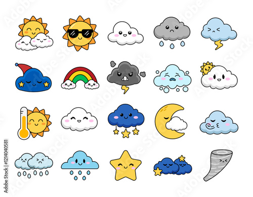 Set of Weather Illustration Icons in Cute Doodle Style, Collection of Cartoon Weather Elements