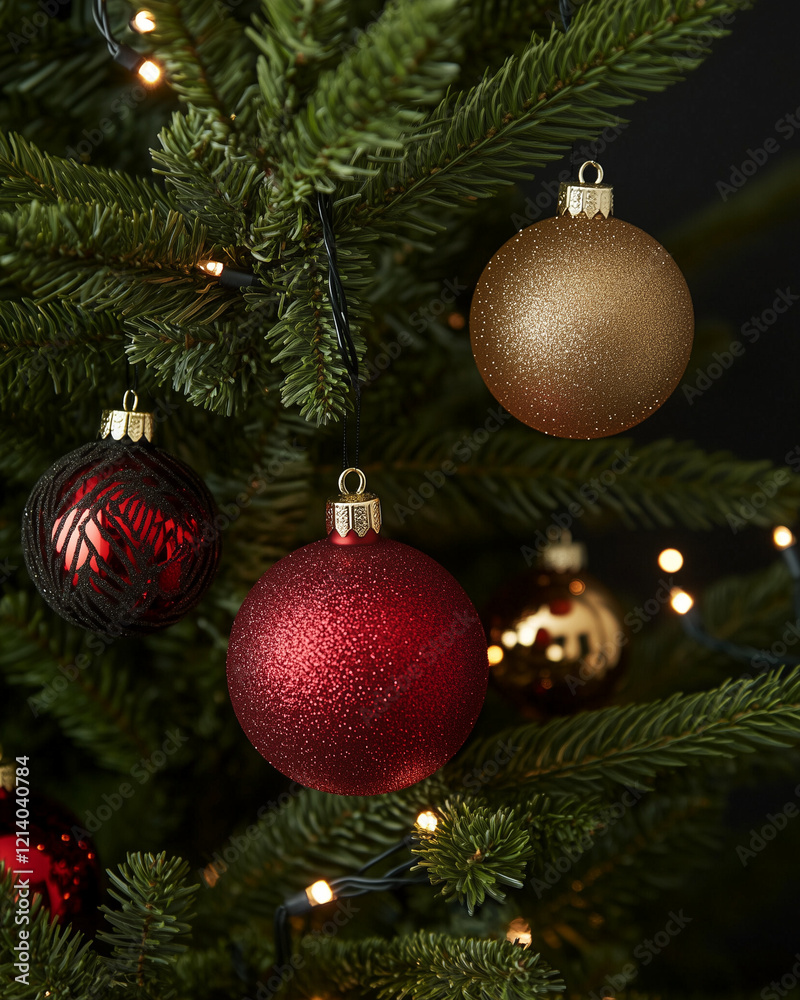 Fototapeta premium Christmas ornaments hanging on pine tree branches
