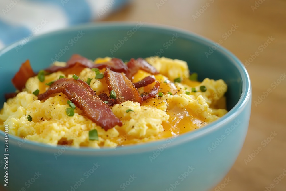 Weight loss with a low-carb diet. Delicious scrambled eggs topped with crispy bacon in a blue bowl. Weight loss with a low-carb diet. Delicious scrambled eggs topped with crispy bacon in a blue bowl.