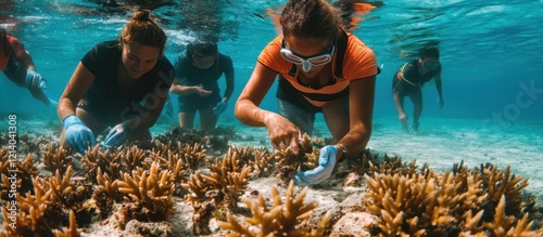A photo of a group of volunteers planting coral to restore marine ecosystems, with clear blue water and vibrant marine life in the background