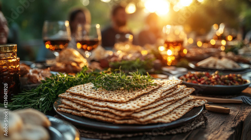 A Jewish family sharing a festive meal during Passover, with matzah and symbolic foods on the table photo