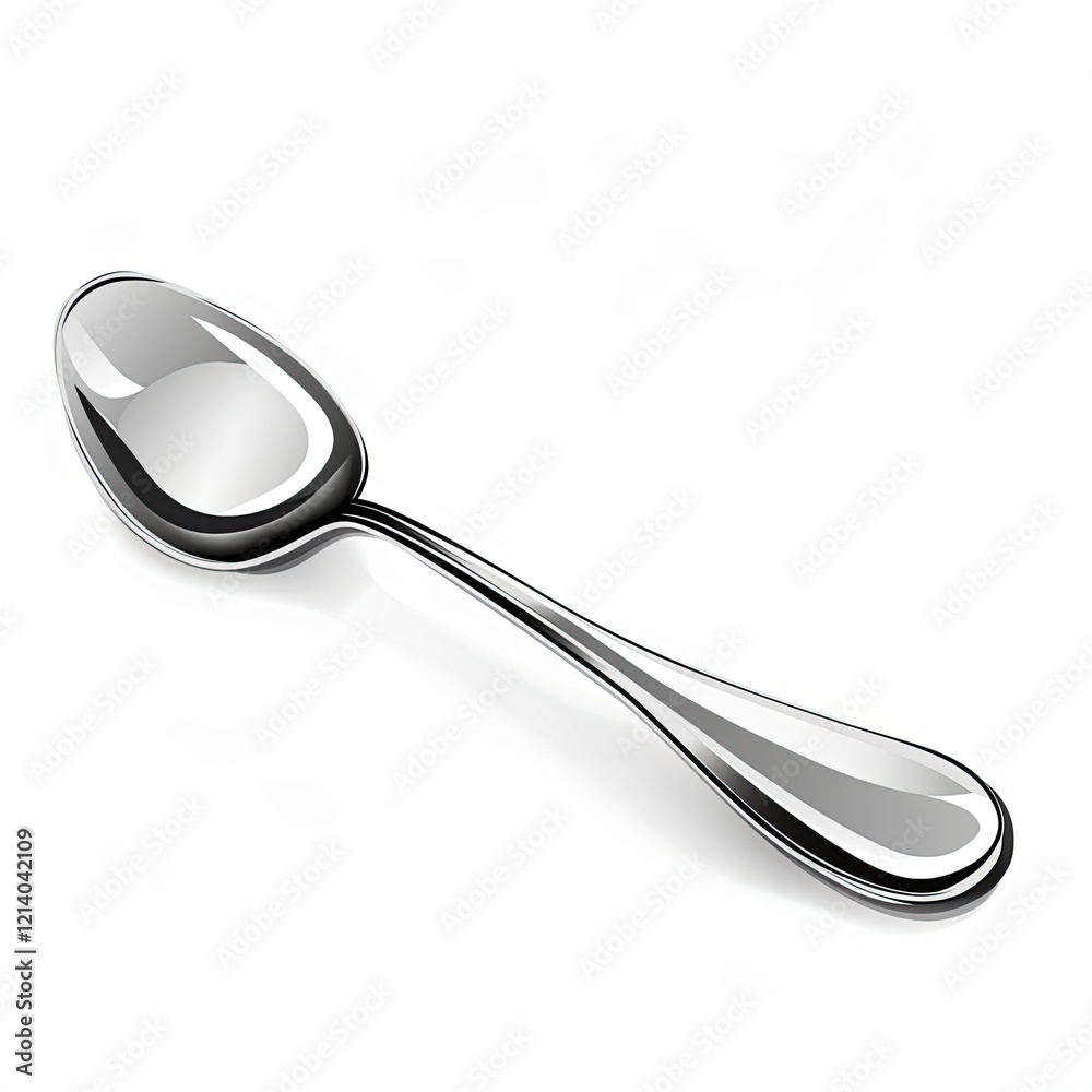 A shiny metal spoon resting on a surface, showcasing its sleek design and functionality. isolated on white background A shiny metal spoon resting on a surface, showcasing its sleek design and functionality. isolated on white background