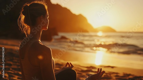 A woman practicing yoga on a beach at sunset, focusing on deep breathing for stress release.
