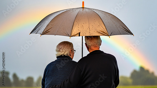 An elderly couple sharing an umbrella under a rainbow, with a scenic countryside 