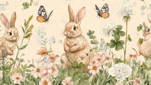 A seamless pattern with playful rabbits hopping through a meadow of flowers and clovers, accompanied by butterflies and dandelions, drawn in an enchanting watercolor and ink style