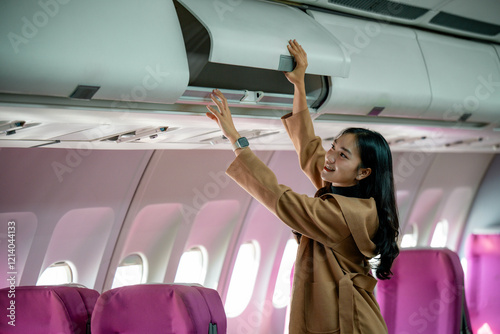 Female traveler stowing luggage overhead, smiling warmly while seated on passenger airplane photo