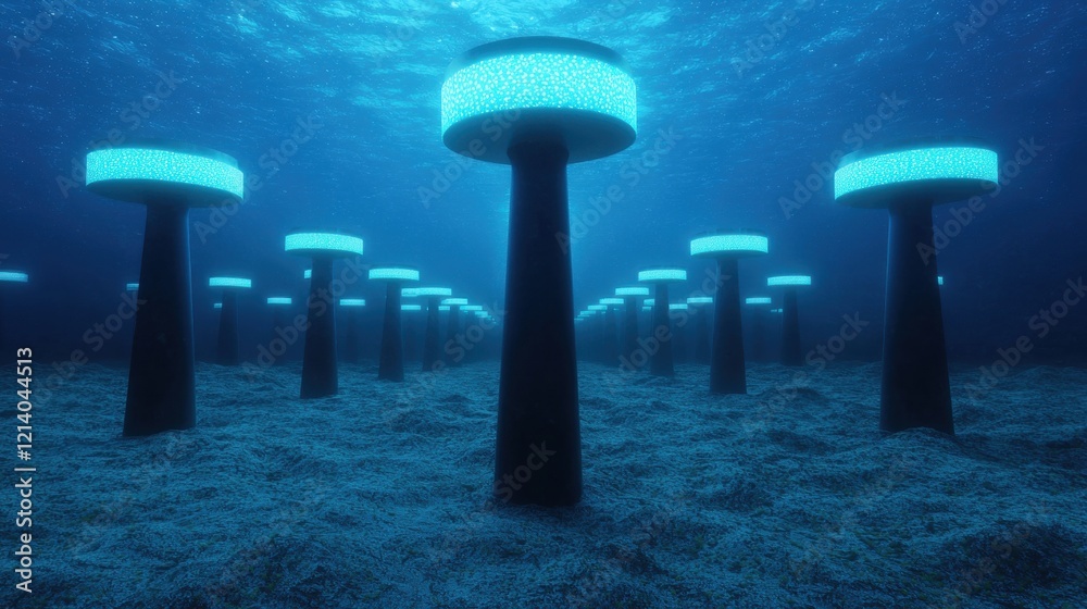 Underwater Glowing Pillars Futuristic Ocean Scene Underwater Glowing Pillars Futuristic Ocean Scene