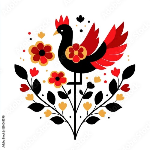 Stylized Bird in Floral Arrangement Folk Art Design