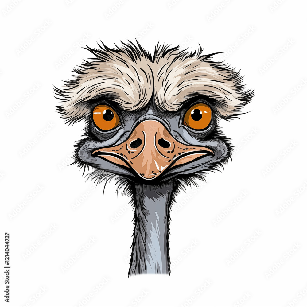 Fototapeta premium Cartoon ostrich, front view, icon, color sketch highlighted on a white background, picture, image for printing on a T-shirt, background, without people, caricature