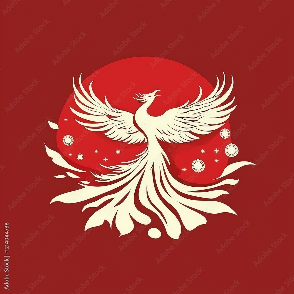 Obraz premium Majestic Phoenix Rising Mythical Bird in Red Sunburst Design