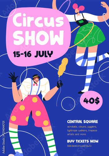 Circus show poster design. Clown, jester festival, carnival, invitation card ...