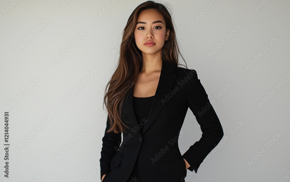 A portrait of a woman in a professional black blazer and trousers, on a clean white backdrop for a corporate aesthetic A portrait of a woman in a professional black blazer and trousers, on a clean white backdrop for a corporate aesthetic