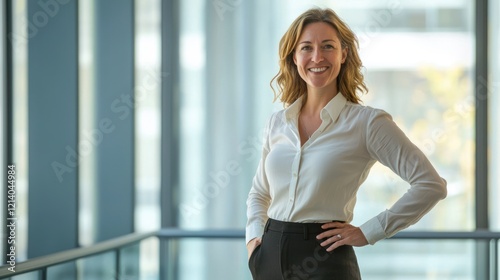 Free Download A woman standing with her hands on her hips, smiling confidently in a professional setting - GFXLoad