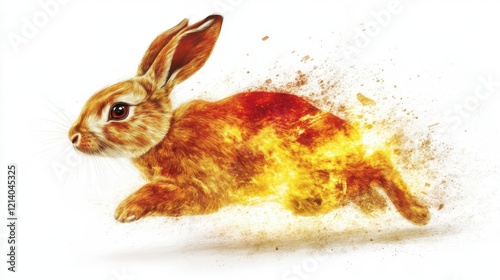 Blazing Speed: A stylized rabbit, ablaze with fiery energy, leaps forward with unmatched velocity. This dynamic digital art evokes the raw power and intensity of motion. photo