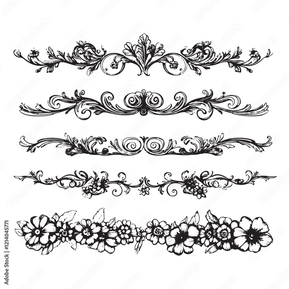 Naklejka premium Set of vintage floral dividers sketch rubber stamps