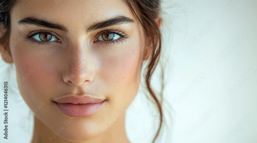 Naklejka premium a woman's face, highlighting her glowing, smooth, and flawless skin under soft lighting.