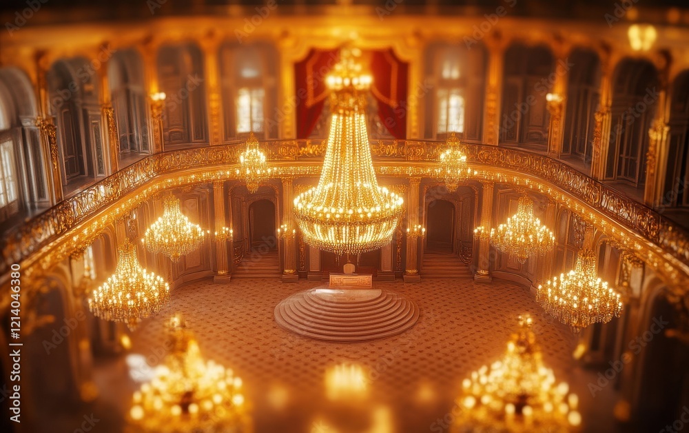Obraz premium Ornate Ballroom Interior with Golden Chandeliers, Architectural Details and Tilt-Shift Effect.