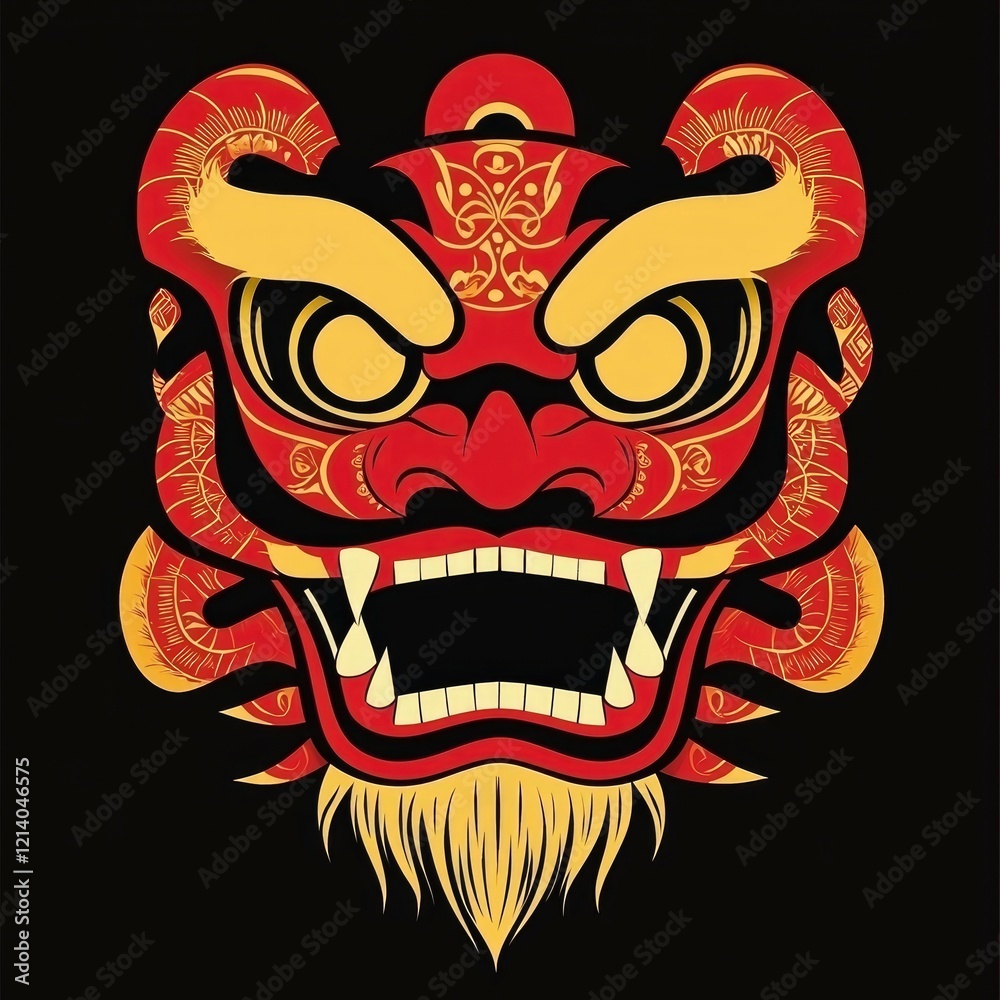 Fototapeta premium Fierce and Ornate Red and Gold Japanese Oni Mask Illustration