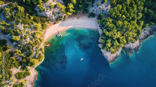 Secluded Cove Aerial View Turquoise Water, Sandy Beach & Lush Green Forest.