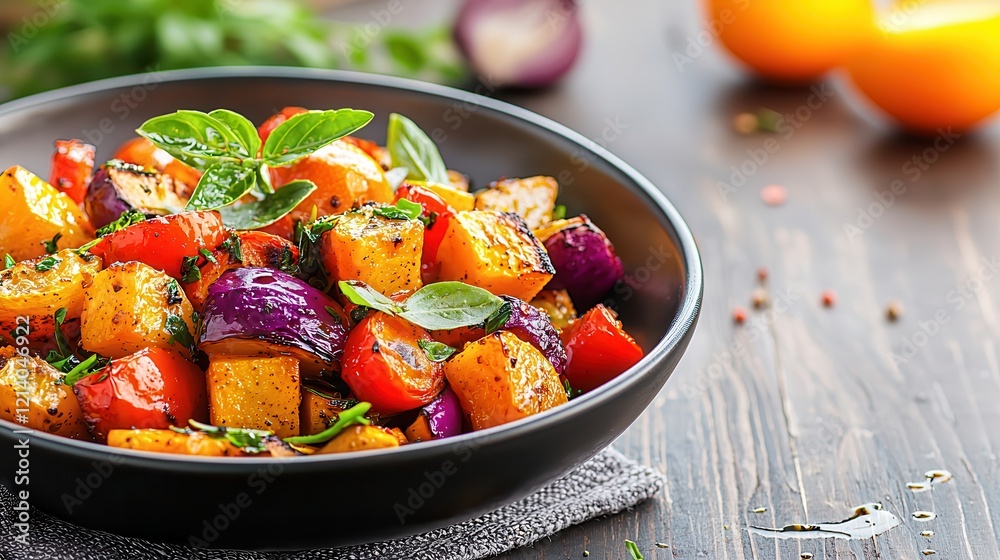 Weight loss with a low-carb diet. Vibrant vegetable salad in a black bowl on a wooden table. Weight loss with a low-carb diet. Vibrant vegetable salad in a black bowl on a wooden table.