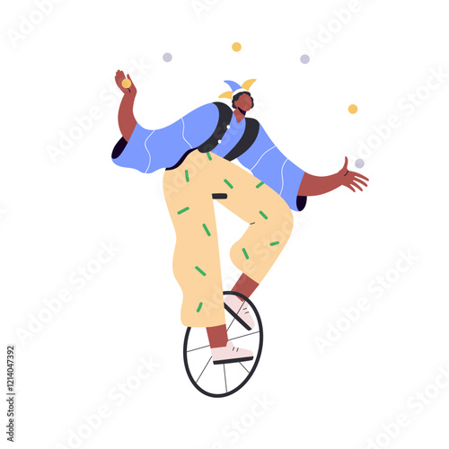 Circus artist juggling balls while riding unicycle. Carnival performer, entertainer balancing, cycling on wheel. Juggler at entertainment show. Flat vector illustration isolated on white background