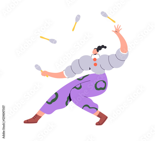 Circus juggler performing with clubs in air. Female artist, woman performer juggling at festive carnival show, entertainment performance. Flat vector illustration isolated on white background