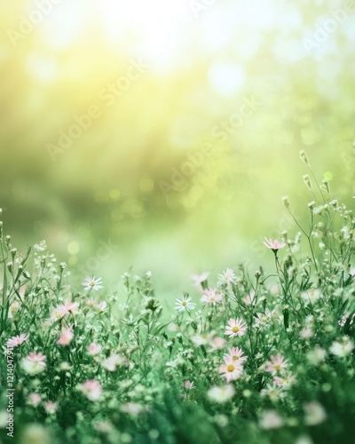 Ethereal Meadow Scene with Pink and White Flowers Bathed in Soft Golden Light.