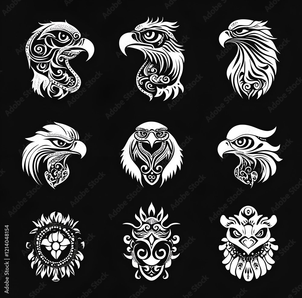 Obraz premium Set of Balinese batik-style eagle head icons, vector black and white illustration on a solid background