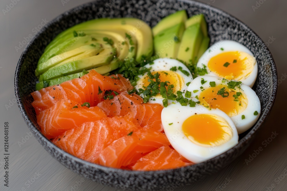 Weight loss with a low-carb diet. Vibrant bowl of salmon, avocado, and soft-boiled eggs. Weight loss with a low-carb diet. Vibrant bowl of salmon, avocado, and soft-boiled eggs.