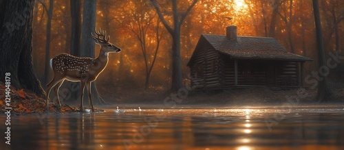 Autumnal Deer by Still Pond: Golden-Hour Cabin Scene photo