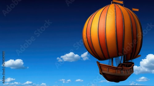 Ahoy, Matey! Fantasy Airship Adventure: A whimsical illustration of a classic wooden sailing ship attached to a vibrant orange and brown striped hot air balloon.