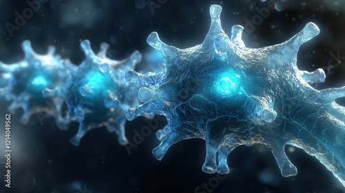 Microscopic view of blue glowing cells against a dark background revealing intricate structures and biological details
