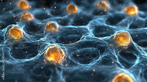 Exploring intricate cellular structures under a microscope revealing glowing particles and networks of cells