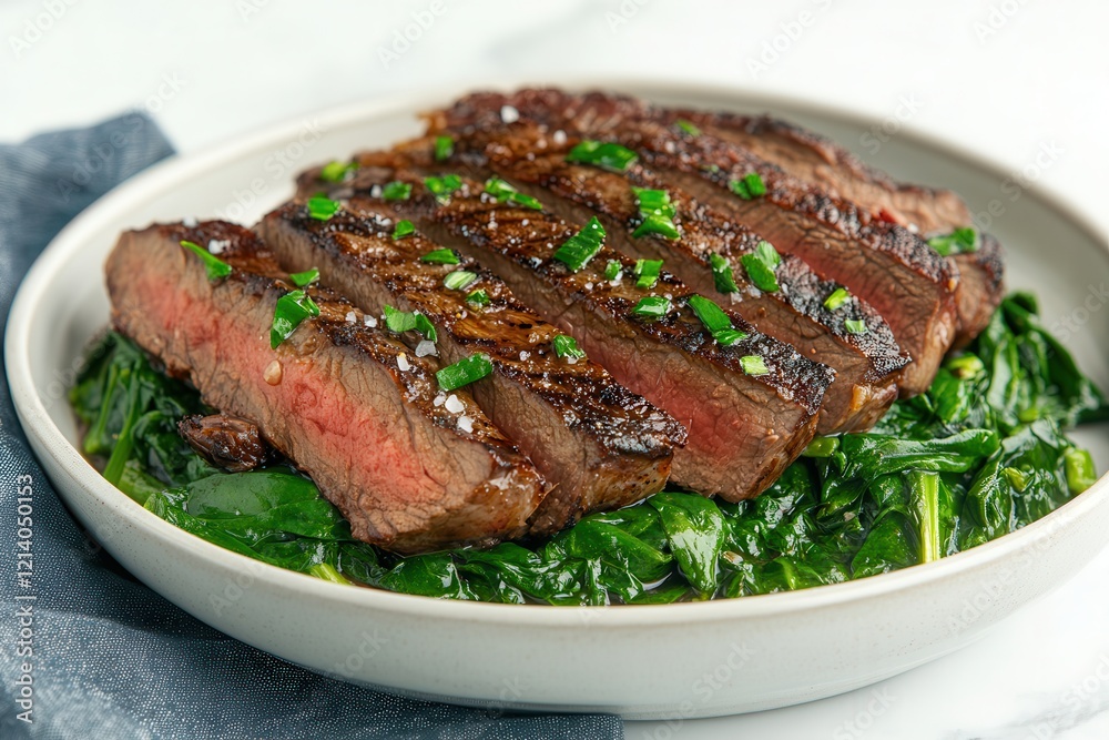 Weight loss with a low-carb diet. Succulent steak served on a bed of vibrant greens. Weight loss with a low-carb diet. Succulent steak served on a bed of vibrant greens.