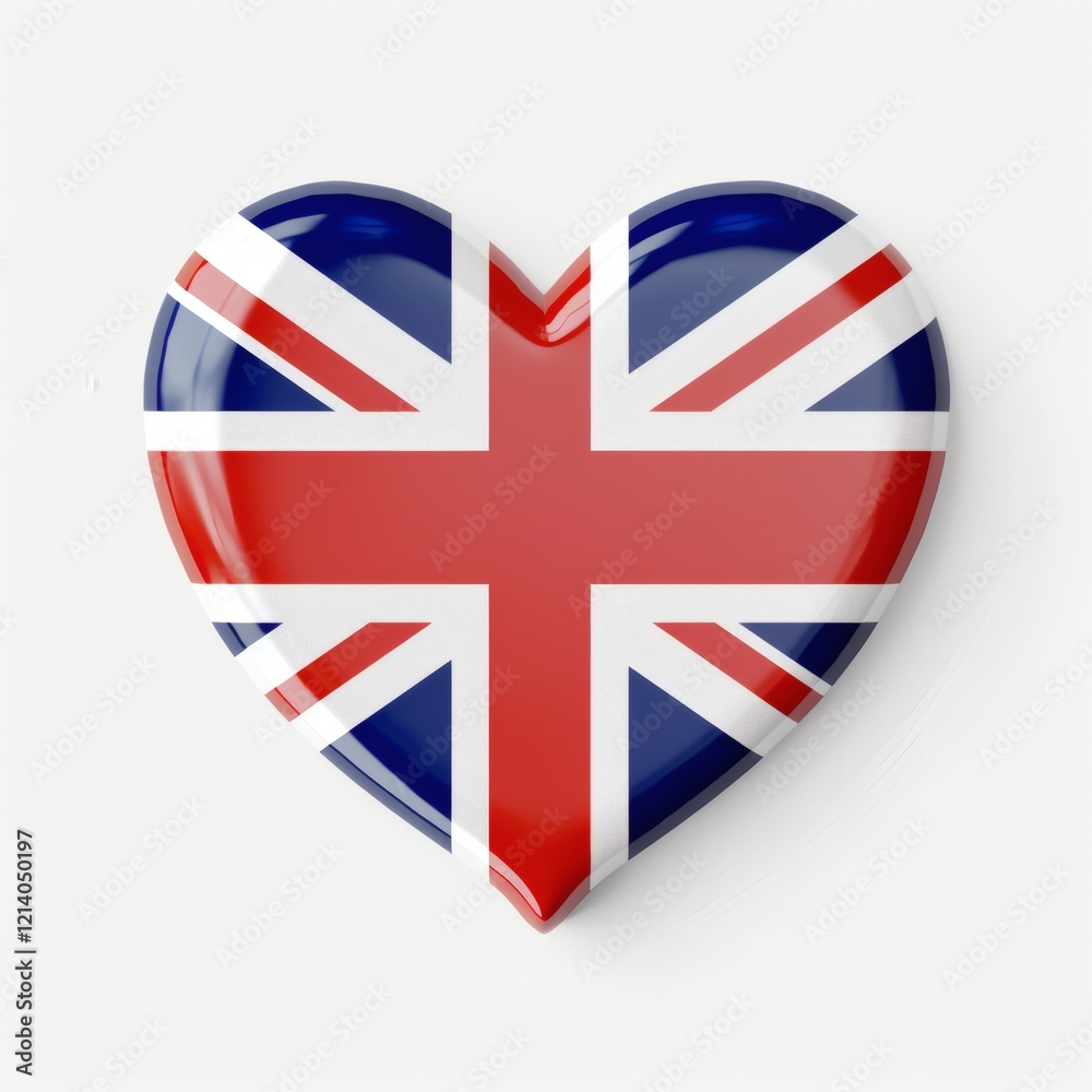 Fototapeta premium Heart shaped emblem featuring the United Kingdom flag displayed on a smooth surface with vibrant colors