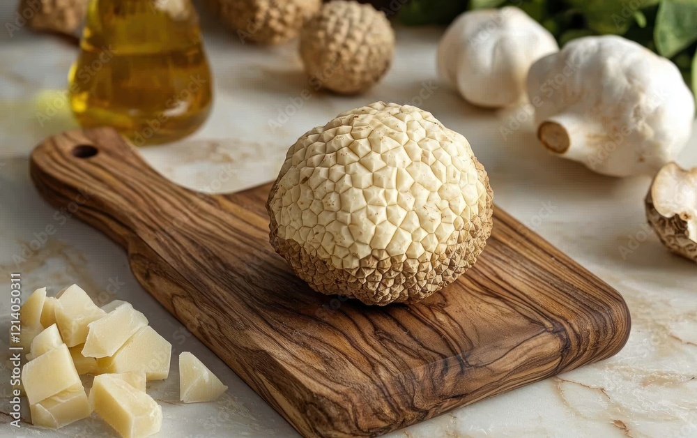 A whole white truffle placed on a wooden cutting board, showing off its unique shape. A whole white truffle placed on a wooden cutting board, showing off its unique shape.