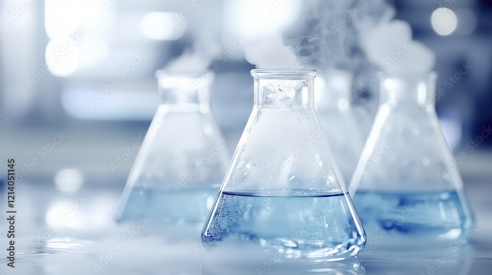 Fume-filled laboratory with glass flasks containing blue liquid on a tabletop during a scientific experiment Fume-filled laboratory with glass flasks containing blue liquid on a tabletop during a scientific experiment