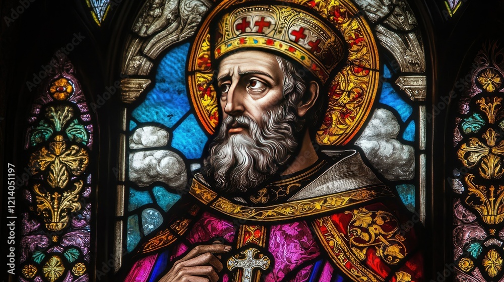 A beautiful stained glass window honoring St. Ambrose, featuring vibrant colors and intricate craftsmanship A beautiful stained glass window honoring St. Ambrose, featuring vibrant colors and intricate craftsmanship